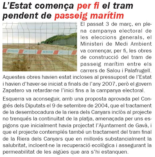 Notícia publicada al número 56 de la publicació L'ERAMPRUNYÀ sobre l'inici de les obres de construcció del nou tram de passeig marítim a Gavà Mar (Abril de 2008)